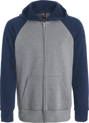 Ethica Attraction_heather grey-navy_Unisex hooded full zip and raglan sleeve sweater_gris-marin_Chandail à capuchon, fermeture éclair et manches raglan unisexe_558